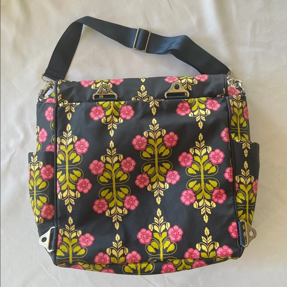 Petunia Pickle Bottom Navy Blue Diaper Bag with Pink and Green Floral Design